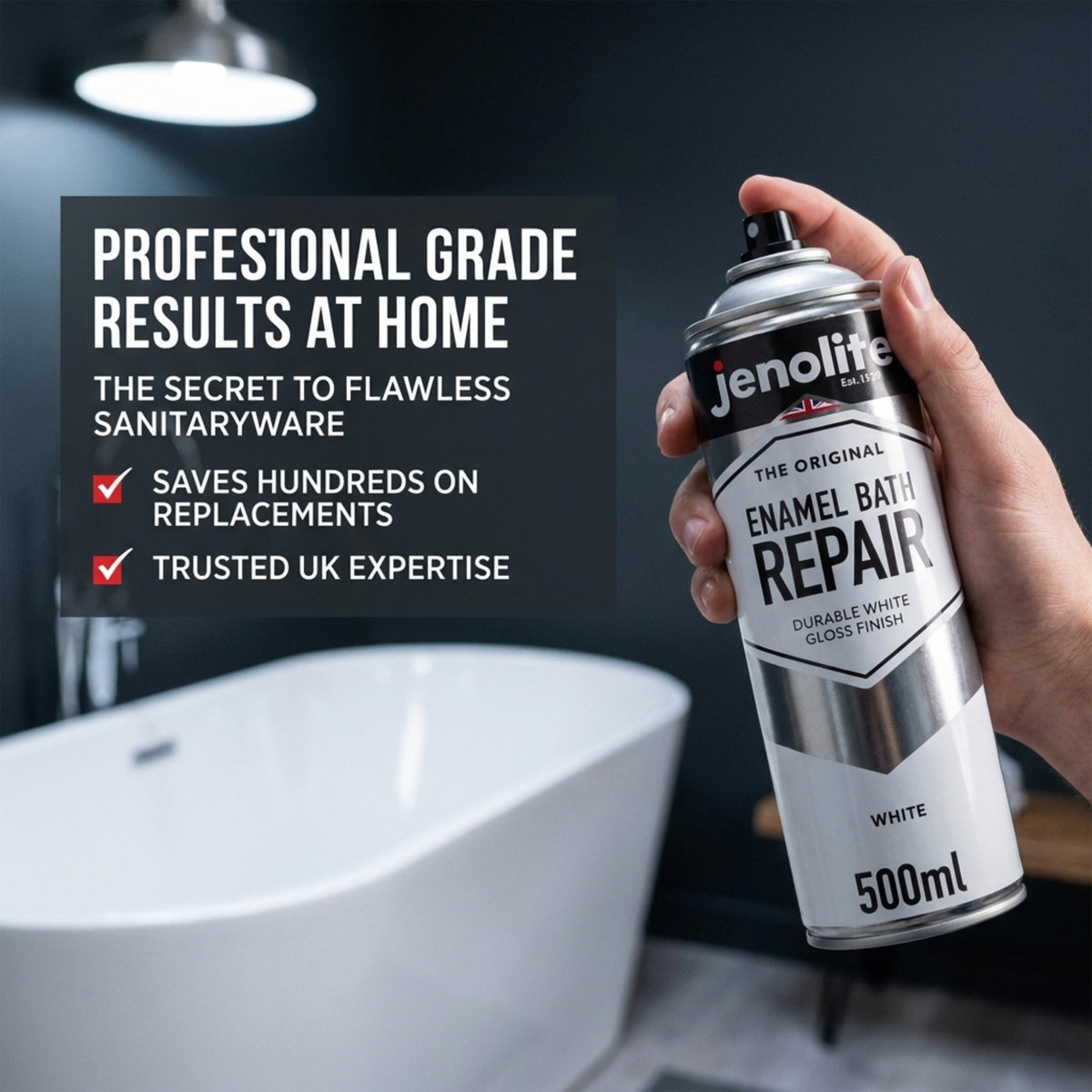 Enamel Bath Repair Spray Paint 500ml - White Gloss Finish - Baths, Sinks & Shower Trays