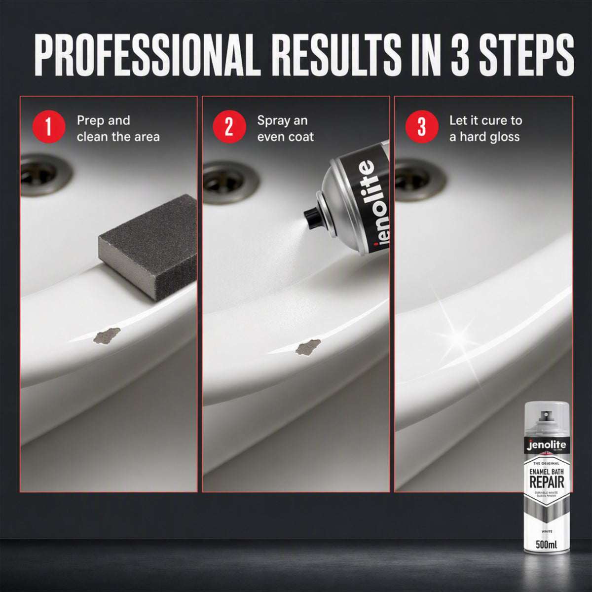 Enamel Bath Repair Spray Paint 500ml - White Gloss Finish - Baths, Sinks & Shower Trays