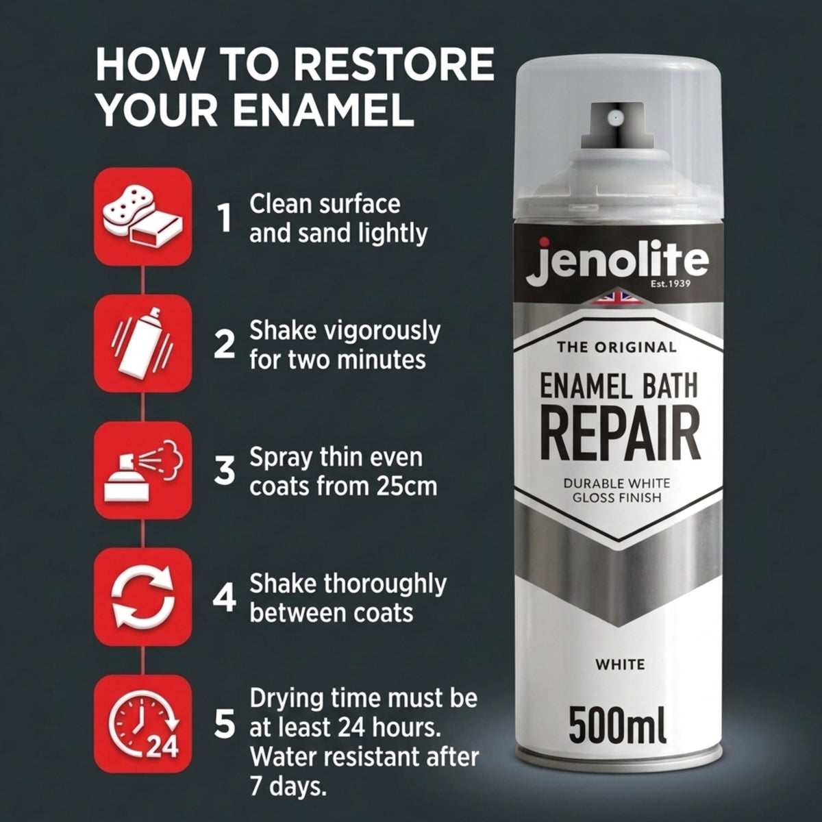 Enamel Bath Repair Spray Paint 500ml - White Gloss Finish - Baths, Sinks & Shower Trays